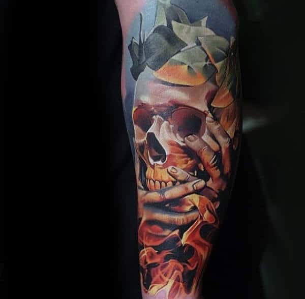 Guys Skull Original Flaming Forearm Sleeve Tattoo Design Ideas