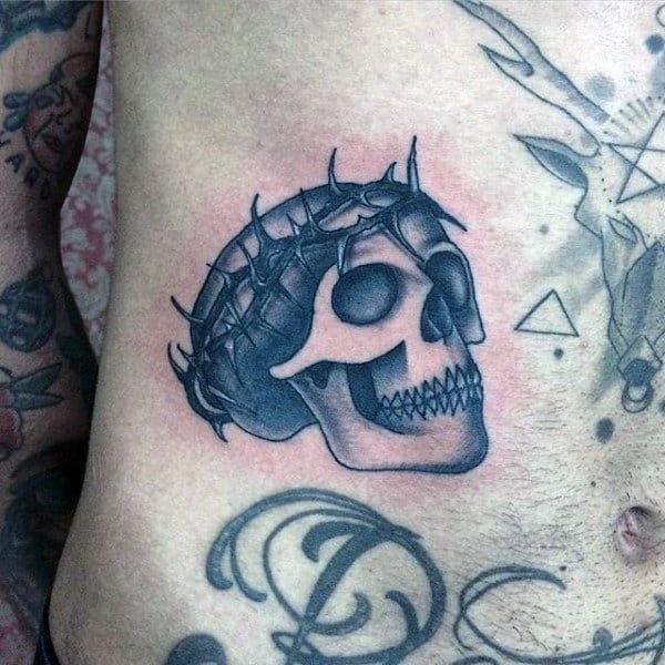 Guys Skull With Thorn Of Crown Religious Traditional Stomach Tattoos