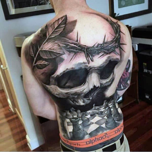 Guys Skull With Thorns And Chess Board 3d Full Back Tattoos