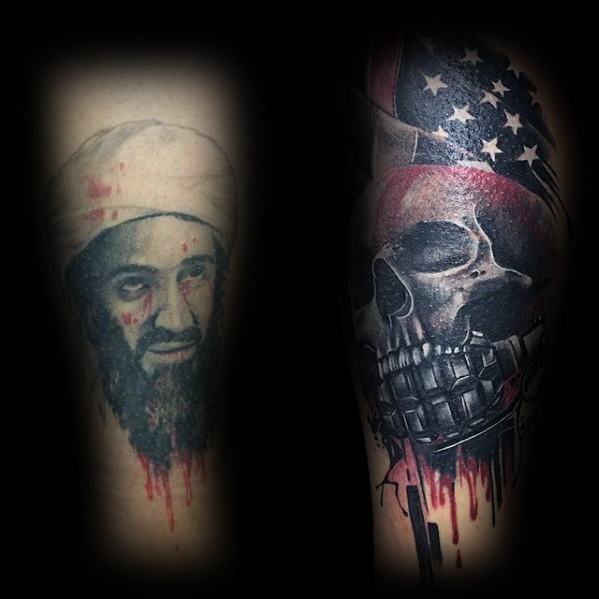 Guys Skull With Us Flag And Grenade Cover Up Arm Tattoo