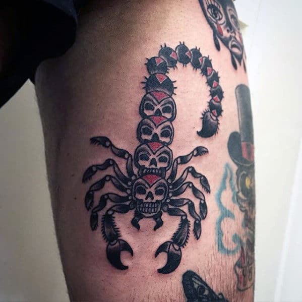 Guys Skulls Scorpion Tattoo On Thigh With Traditional Design