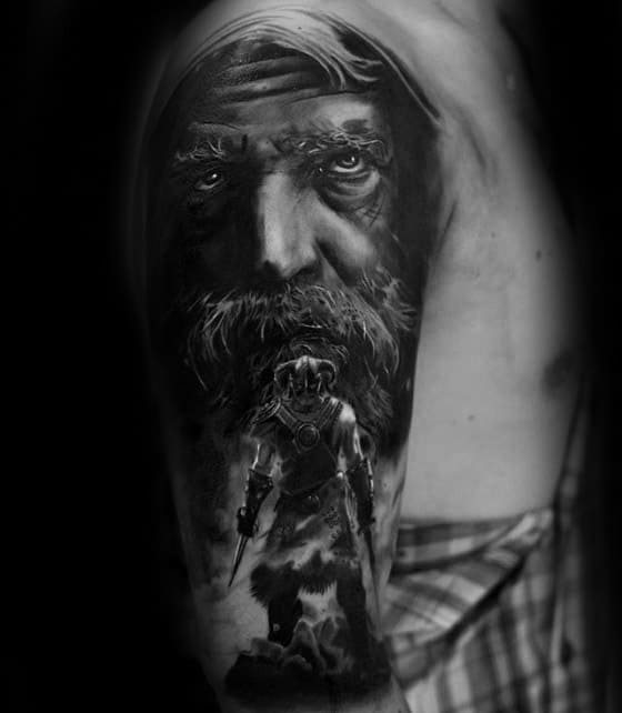 A Skyrim-themed tattoo featuring an elderly man with a warrior beneath it on an arm