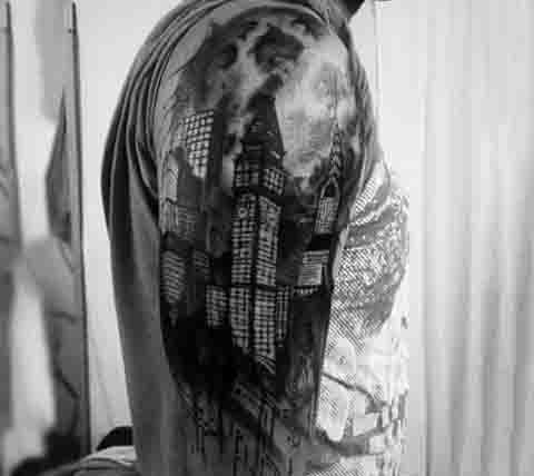 Guys Sleeve City Moon Tattoo Designs