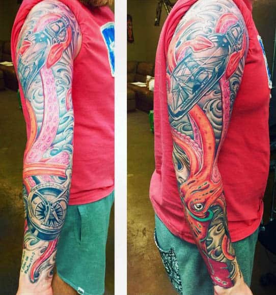 Guys Sleeve Compass And Squid Tattoo Design Ideas