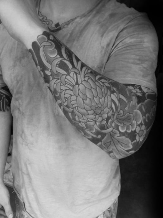Guys Sleeve Shaded Black And Grey Japanese Flower Tattoo Design Ideas