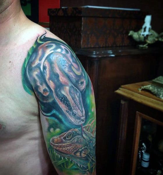Guys Sleeve Striking Snake And Lizard Tattoo
