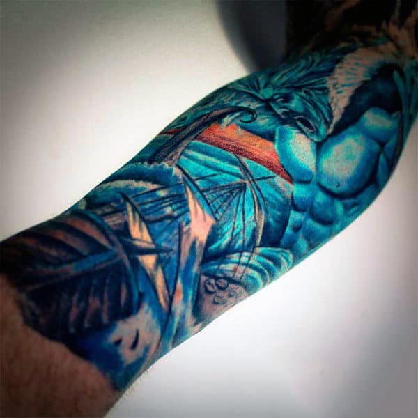 Guy's Sleeve Tattoo Of Poseidon God Of The Sea