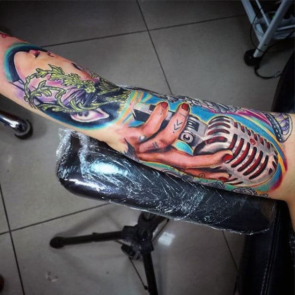 Guys Sleeves Colorful Microphone Tattoo