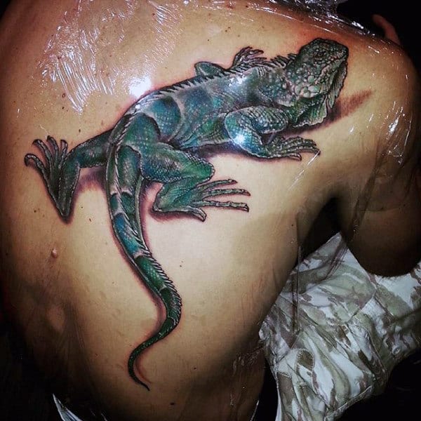 Guys Slithery Grass Colored Lizard Tattoos On Back
