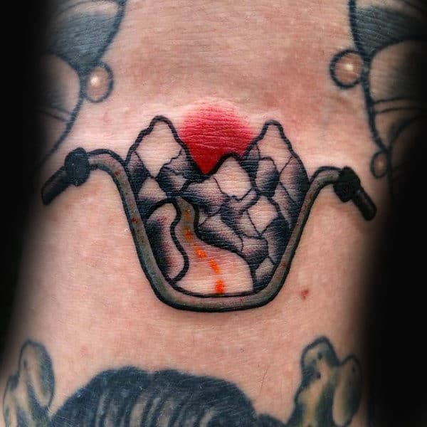 Guys Small Biker Bars With Road Tattoo On Inner Elbow