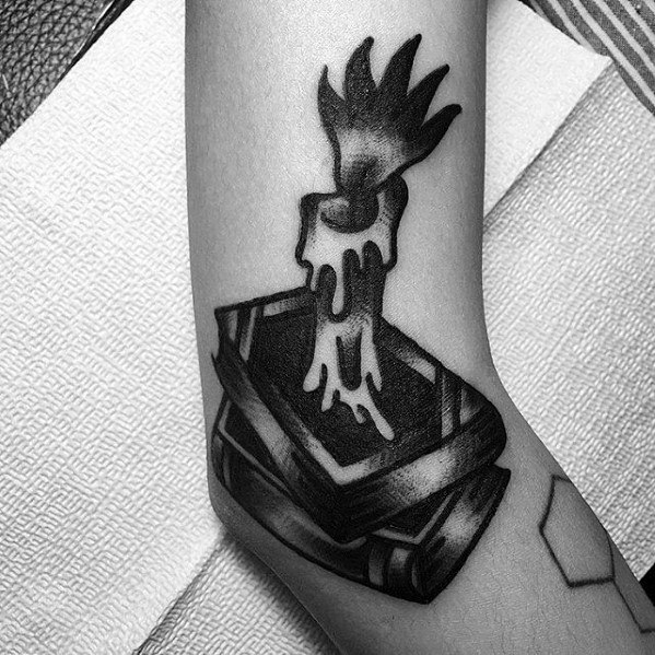 Guys Small Candle Burning On Books Traditional Arm Tattoo