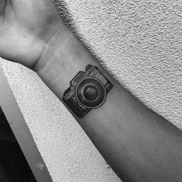 Guys Small Detailed Camera Wrist Tattoo