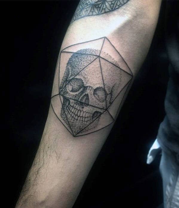 Guys Small Geometric Dotwork Inner Forearm Skull Tattoo