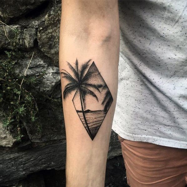Guys Small Palm Tree With Beach Inner Forearm Tattoo Designs