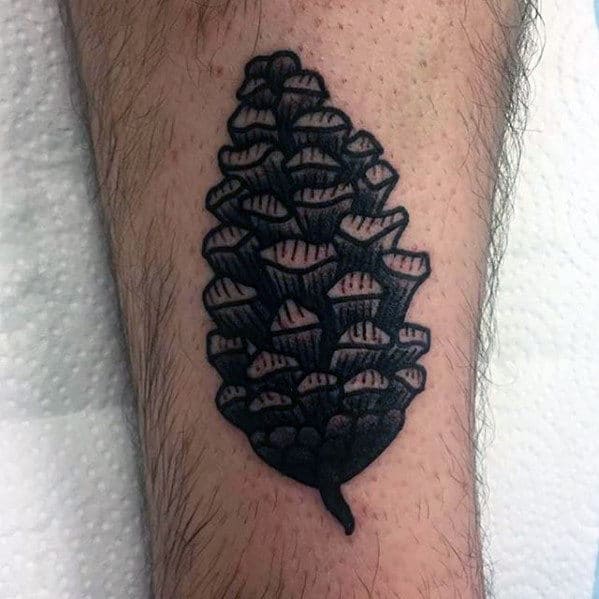 Guys Small Pine Cone Old School Leg Tattoo Design Ideas