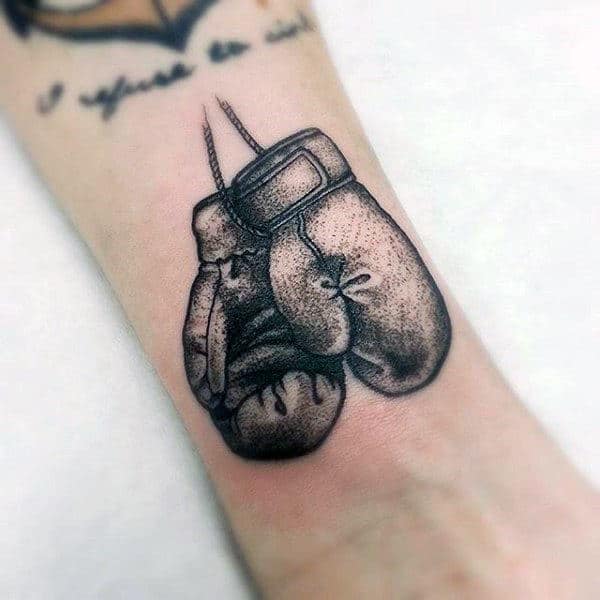 Guys Small Simple Dotwork Boxing Gloves Tattoo On Inner Forearm