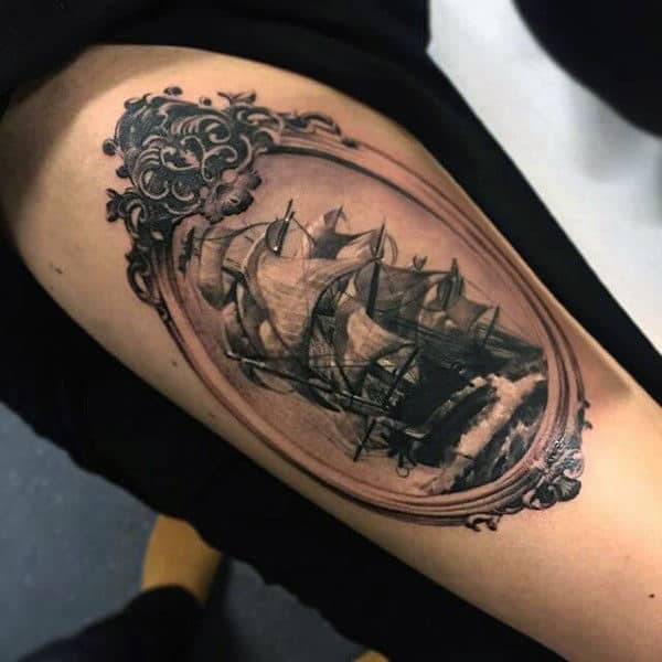 Guy's Small Tattoos Of Pirate Ships On Thigh