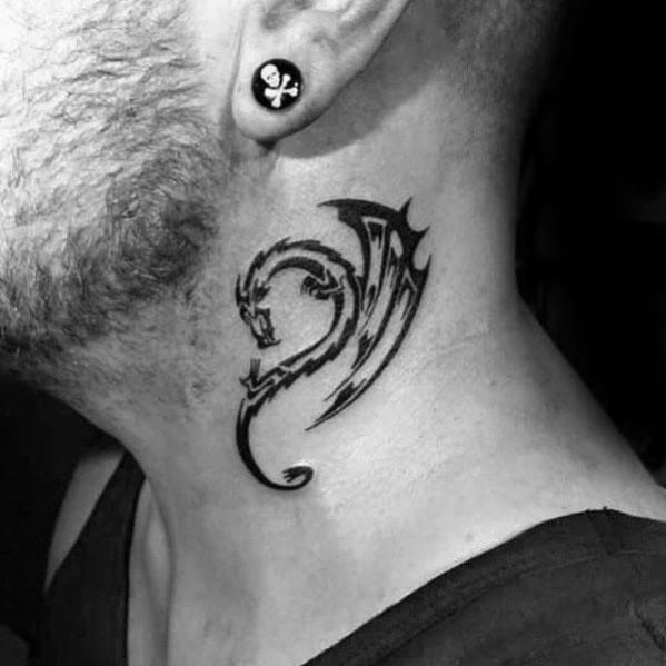 Guys Small Tribal Dragon Neck Tattoo Deisgns