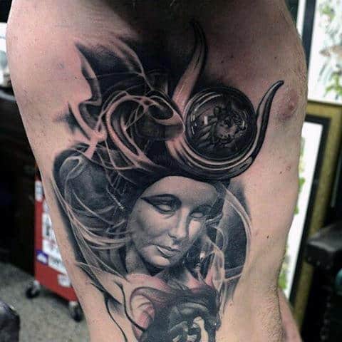 Guy's Smoke Cloud Tattoos On Rib Cage Side