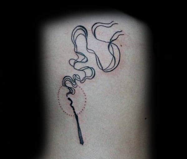 Outline tattoo of a burning matchstick with flowing smoke in black ink