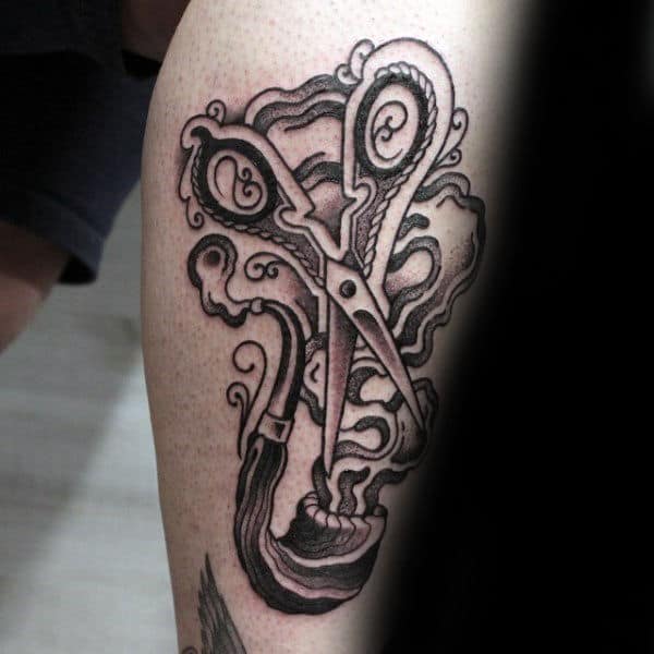 Guys Smoking Wood Pipe Scissor Leg Tattoos