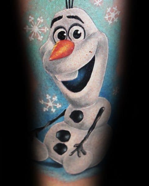 Cheerful snowman tattoo with a bright smile, carrot nose, and playful pose against a snowy background, capturing a fun and whimsical winter vibe.