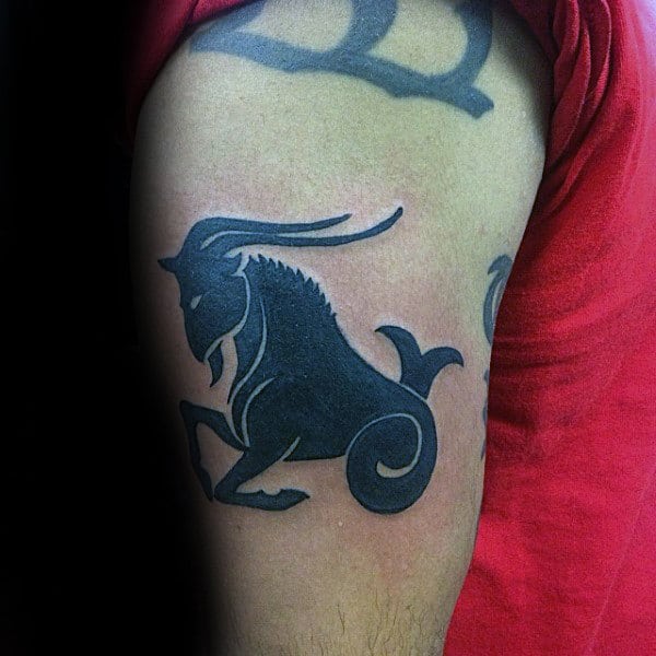 Guys Solid Black Ink Capricorn Goat Upper Arm Tattoos