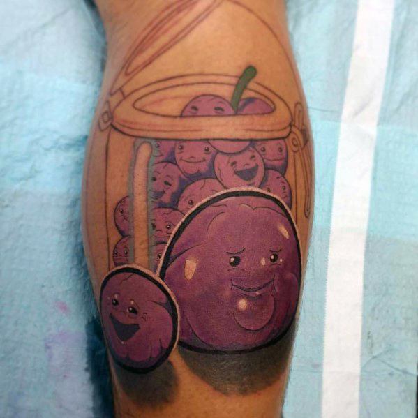Vibrant tattoo of the South Park 'Grapes of Wrath' characters, featuring a jar of smiling grapes with bold shading and rich colors.