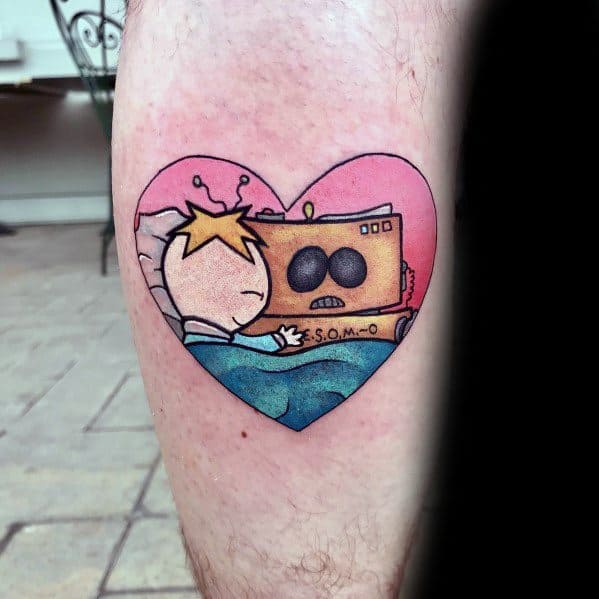 Heart-shaped South Park tattoo of Butters hugging A.W.E.S.O.M.-O, featuring soft shading and a pink-to-blue gradient background.