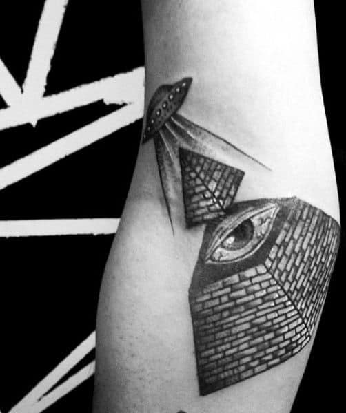 Guys Spaceship Pyramid Eye Arm Tattoo Design