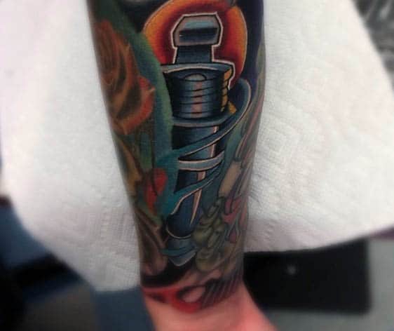 Guys Spark Plug Colorful Sleeve Tattoo Ideas