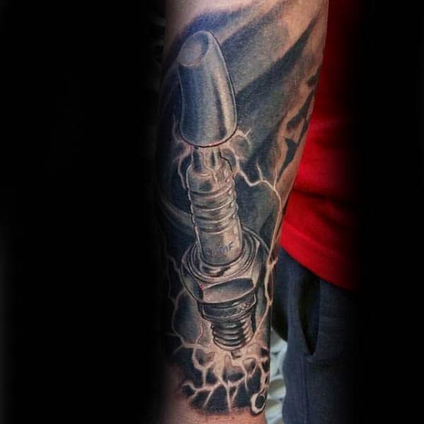 Guys Spark Plug Forearm Shaded Tattoo Design Inspiration