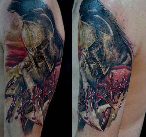 Guys Spartan Arm Spear Tattoo
