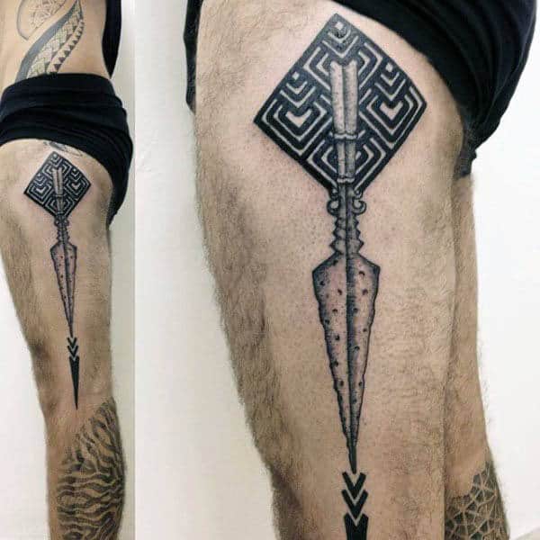 Guys Spear Thigh And Leg Tattoos