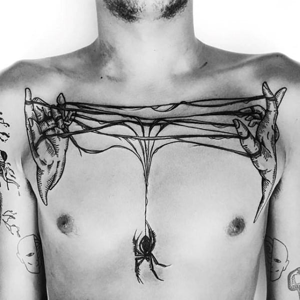 Guys Spider Web Hands Unique Chest Tattoo