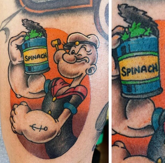 Guys Spinach Popeye Tattoos On Bicep