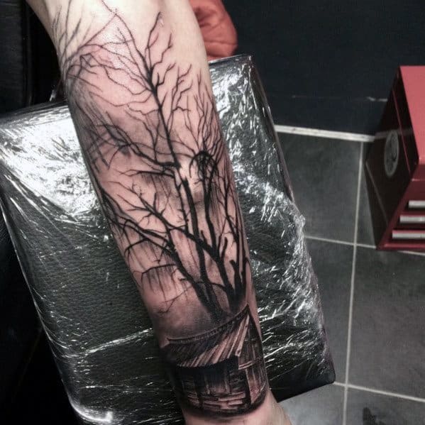 Guys Spooky Cabin In The Woods Tree Forearm Tattoo Designs