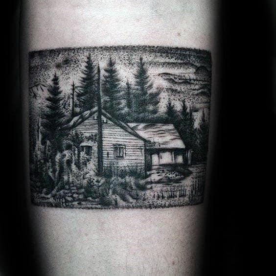 Guys Square Shaded Cabin Inner Forearm Tattoo