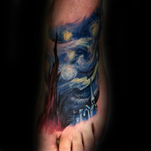 Guys Starry Night Foot Tattoos