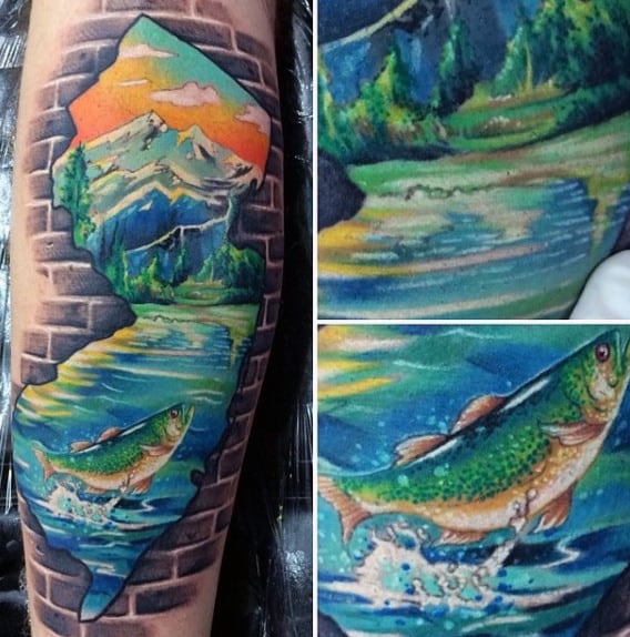 Guys State Landscape Fish In River Tattoo
