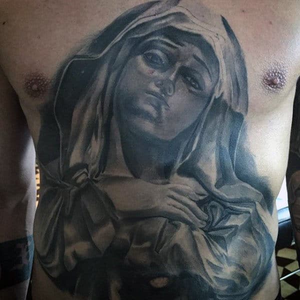 Guys Stomach Tattoo Of Virgin Mary