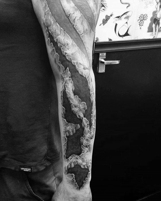 Guys Stone Blackwork 3d Full Arm Tattoo Ideas