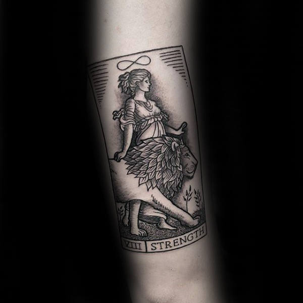 Guys Strength Female With Lion Forearm Tattoos