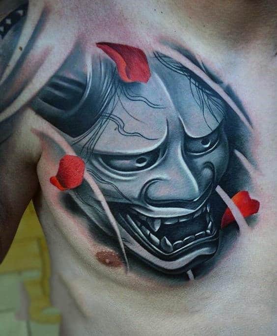 Guys Stylist Samurai Mask And Rose Petal Chest Tattoo