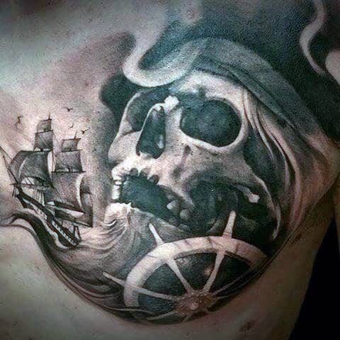 Guy's Sunken Pirate Ship Tattoo On Chest