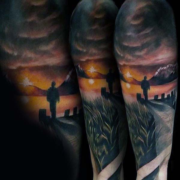 Guys Sunset Sky Tattoo Ideas Half Sleeve