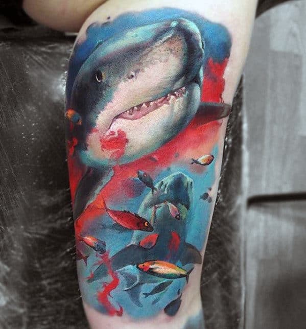 Guys Sweet Shark Swimming In Ocean With Fish 3d Leg Tattoos