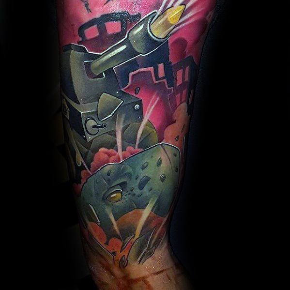 Colorful neo-traditional tank tattoo with a bold cartoon style, bright pink sky, city ruins, and exploding green rock in the foreground.