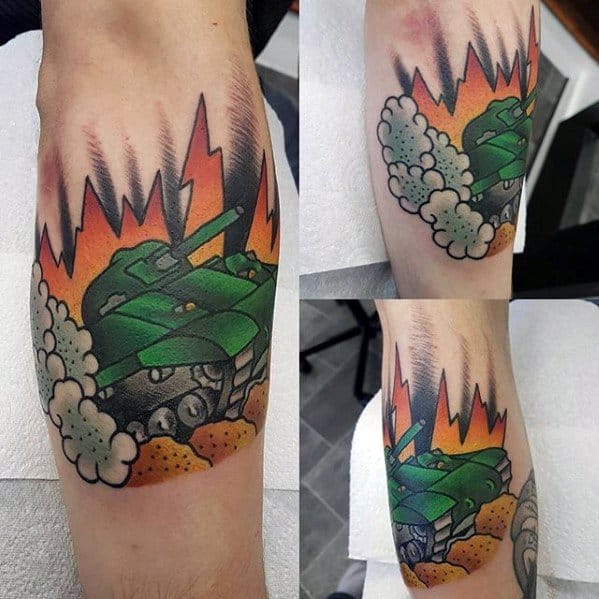 Bold traditional-style tattoo of a green tank charging through smoke, with fiery orange-red sky and thick black outlines.