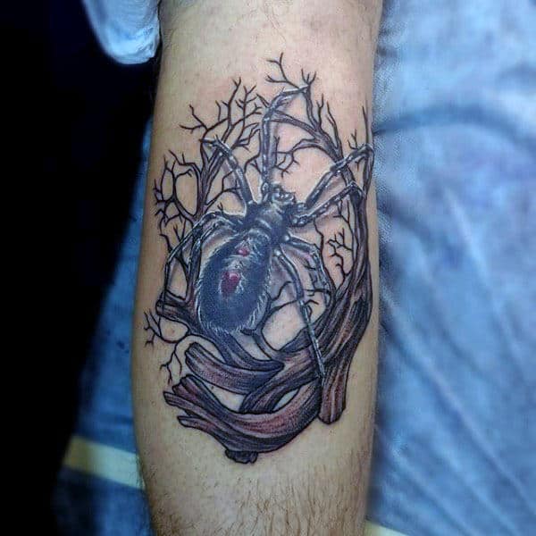 Guys Tarantula In Tree Forearm Tattoo
